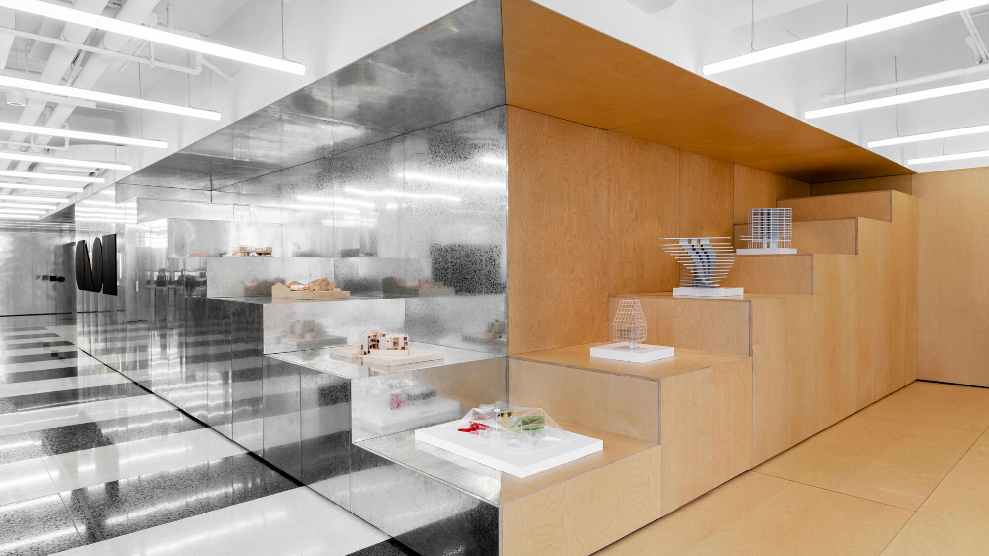 clou architects, architectural office interior, display area, galvanized steel, wood
